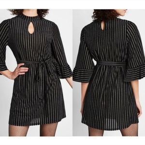 NEW ModCloth Keyhole Mock Neck Waist Tie Bell Sleeve Above The Knee Black Dress